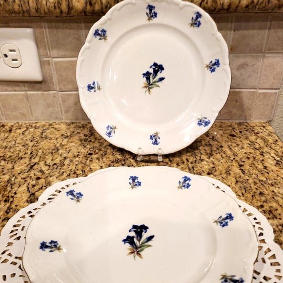 Bareuther Plates Set Of 2 Bavaria US Zone 1946 - 1949 Germany Blue Floral Gold - Picture 2 of 4